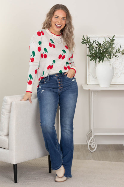 Beige Cherry Pattern Sweater