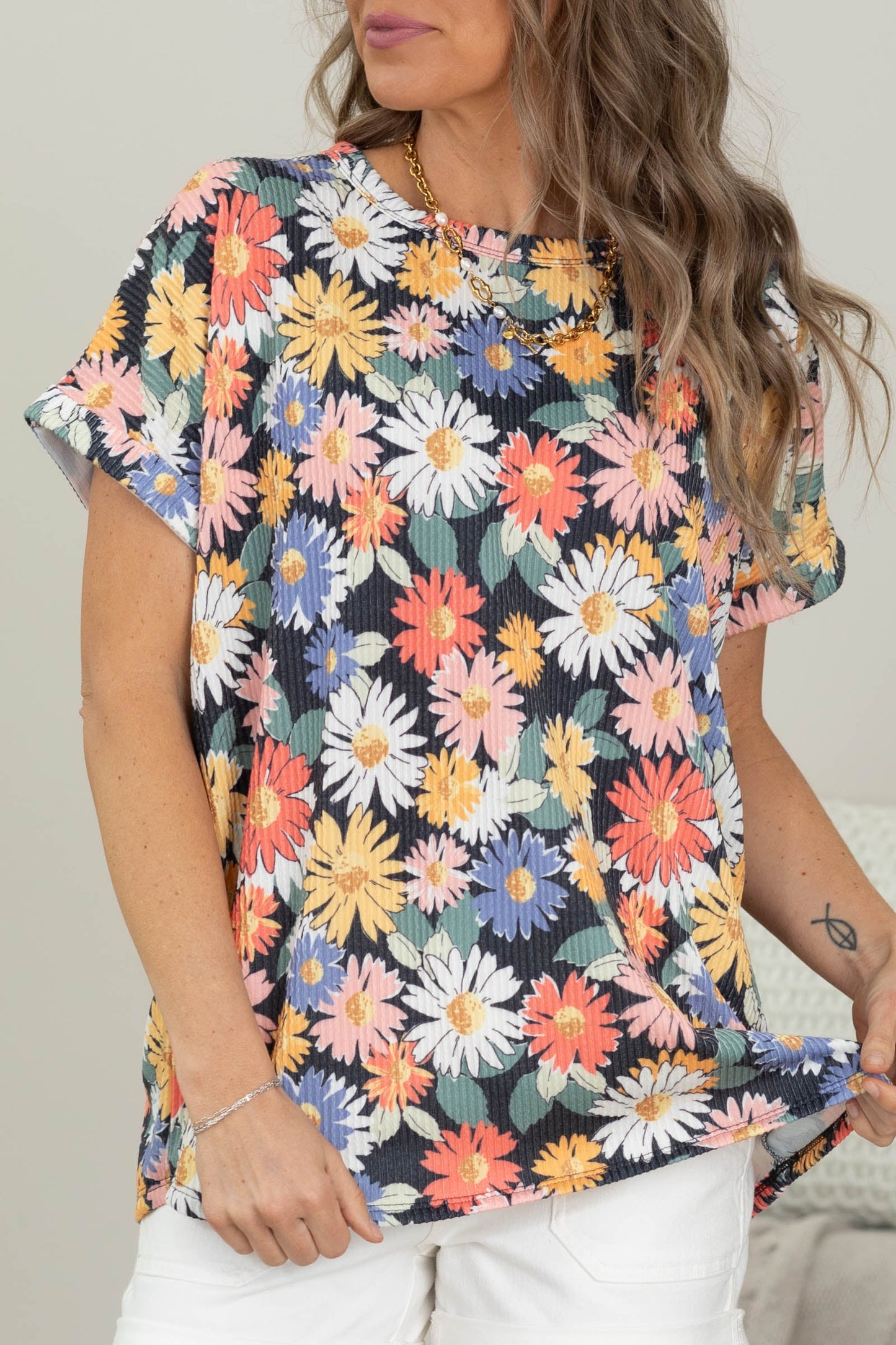 Black Floral Crinkle Textured Knit Top
