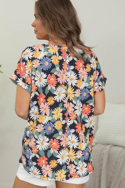Black Floral Crinkle Textured Knit Top