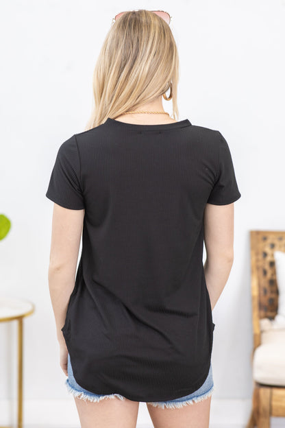 Black V-Neck Rib Knit Top