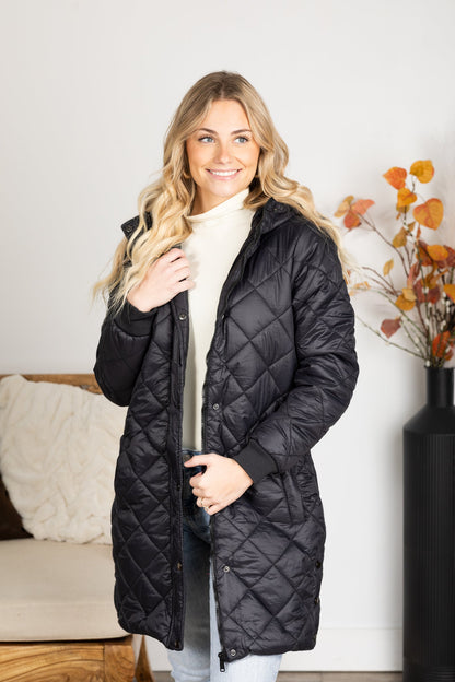 Black Quilted Hooded Zip-Up Jacket