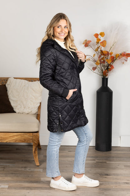 Black Quilted Hooded Zip-Up Jacket