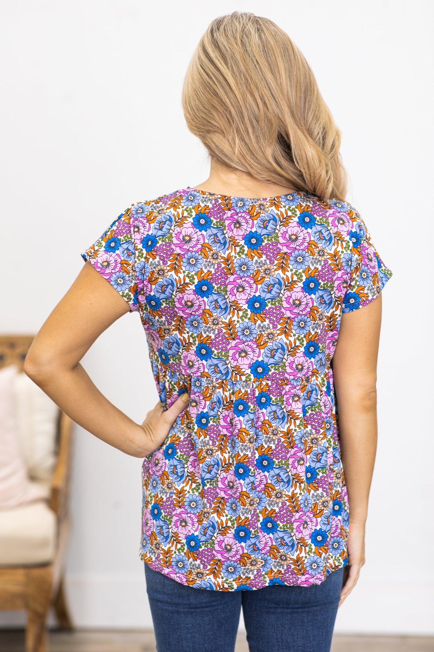Blue and Orchid Floral Babydoll Knit Top