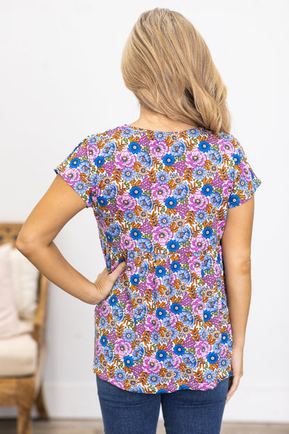 Blue and Orchid Floral Babydoll Knit Top
