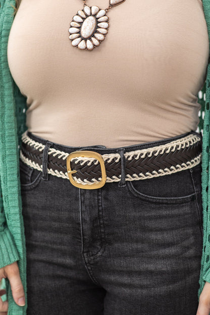 Black Crochet Trimmed Woven Leather Belt