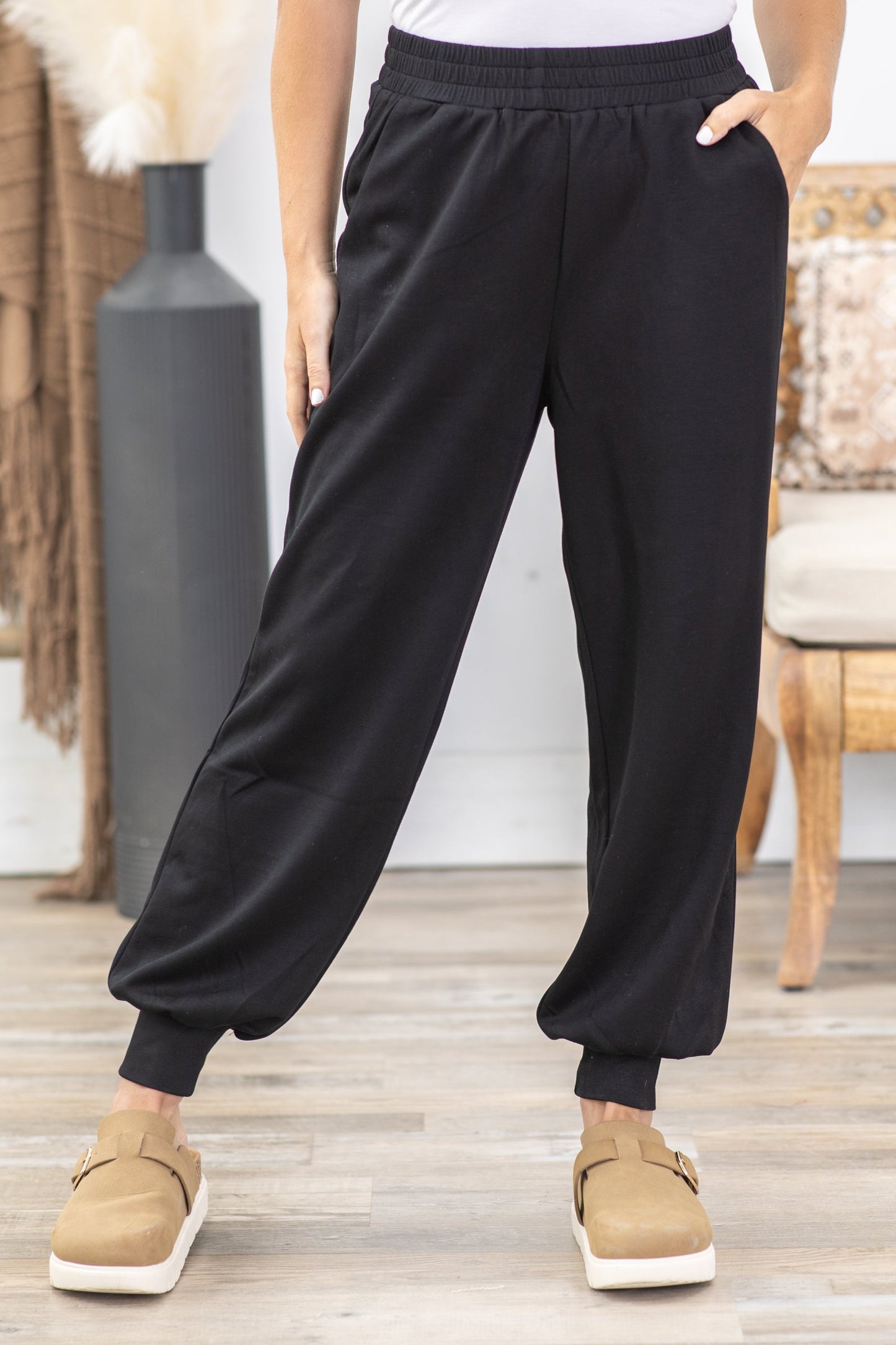 Black Elastic Waistband Scuba Joggers
