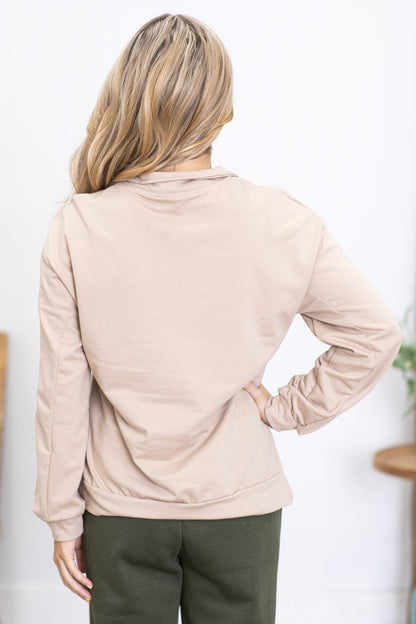 Beige Kangaroo Pocket Half-Zip Up Top