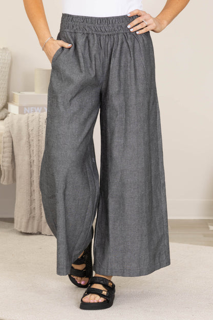 Black Soft Washed Pinstriped Wide Leg Pants