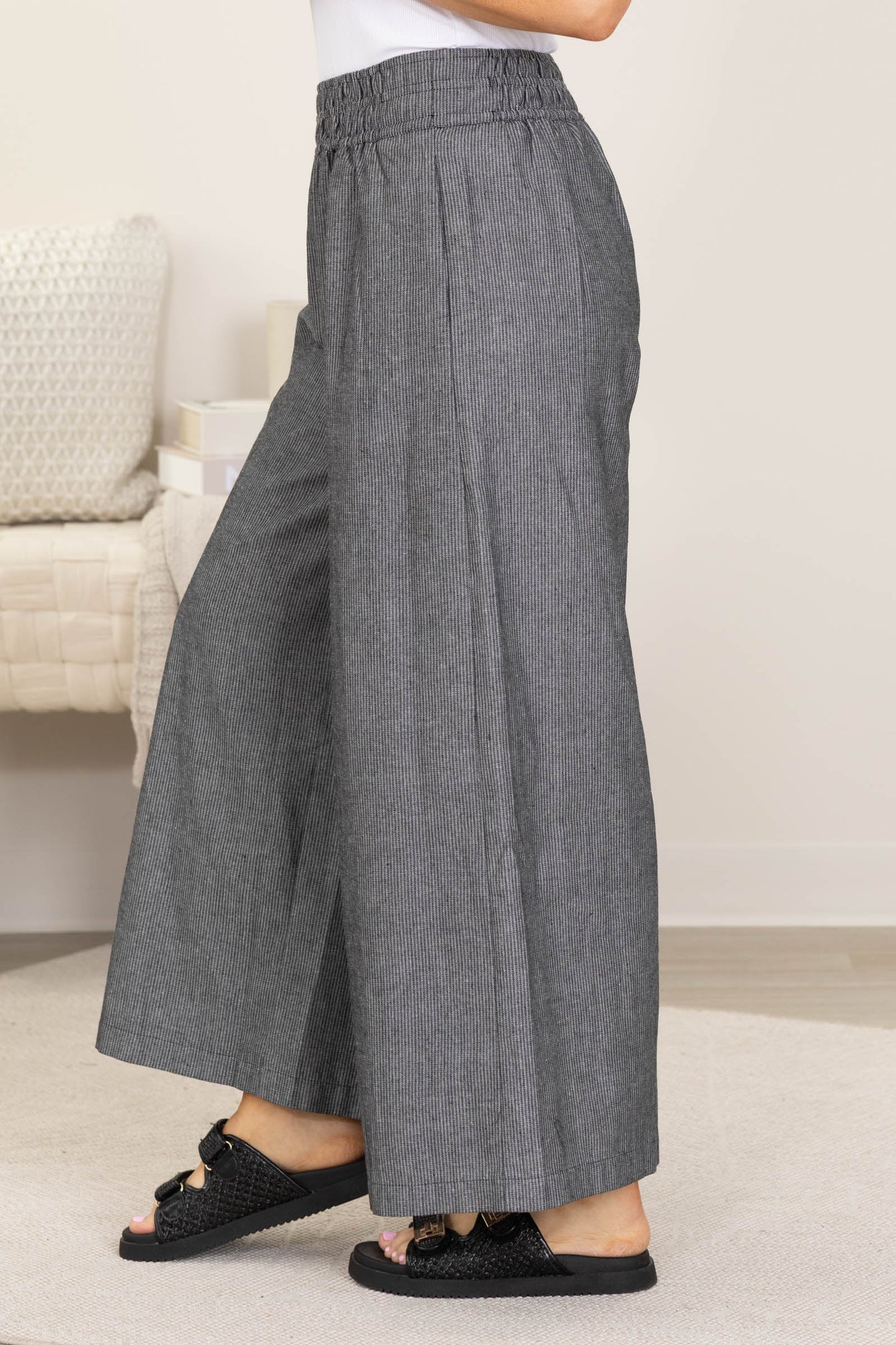 Black Soft Washed Pinstriped Wide Leg Pants
