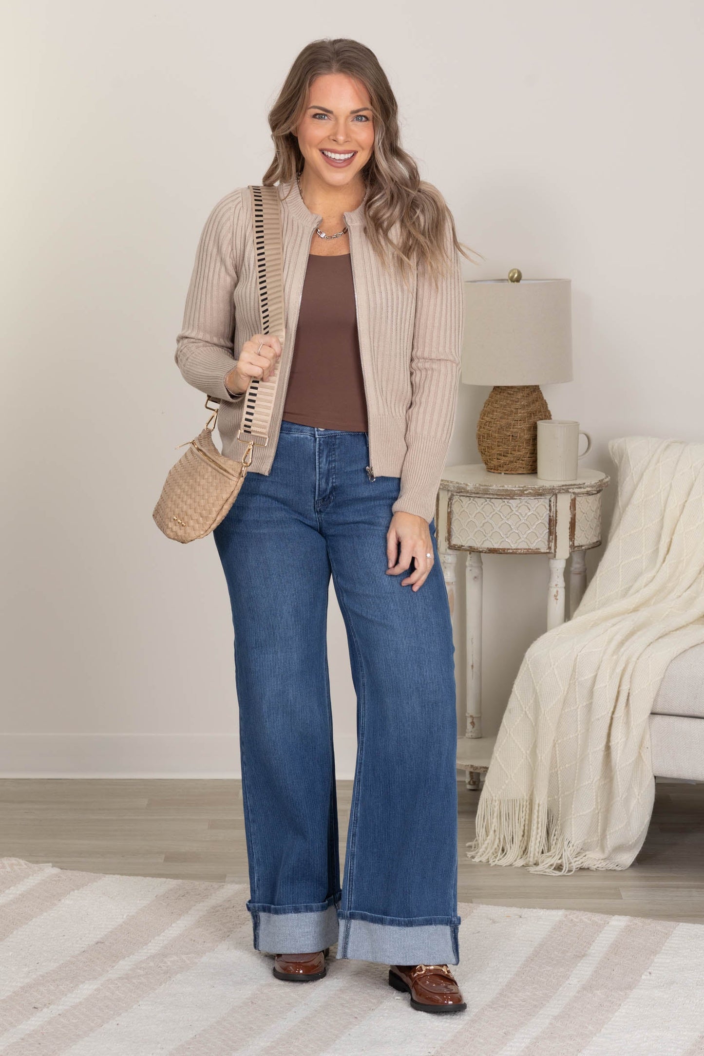 Ash Mocha Two Tone Zip Up Sweater