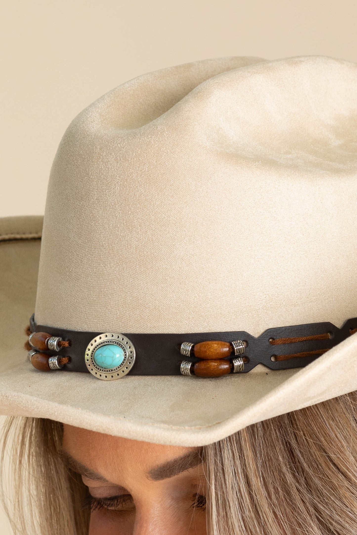 Beige Western Turquoise Band Cowboy Hat