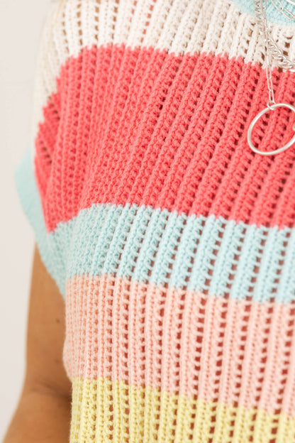Aqua Multicolor Stripe Crochet Knit Top