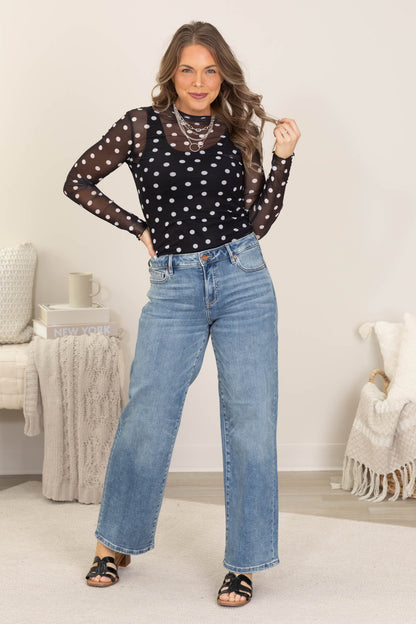 Black Polka Dot Mesh Long Sleeve Knit Top