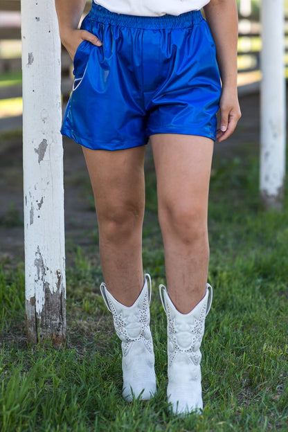 Blue Metallic Elastic Waist Shorts