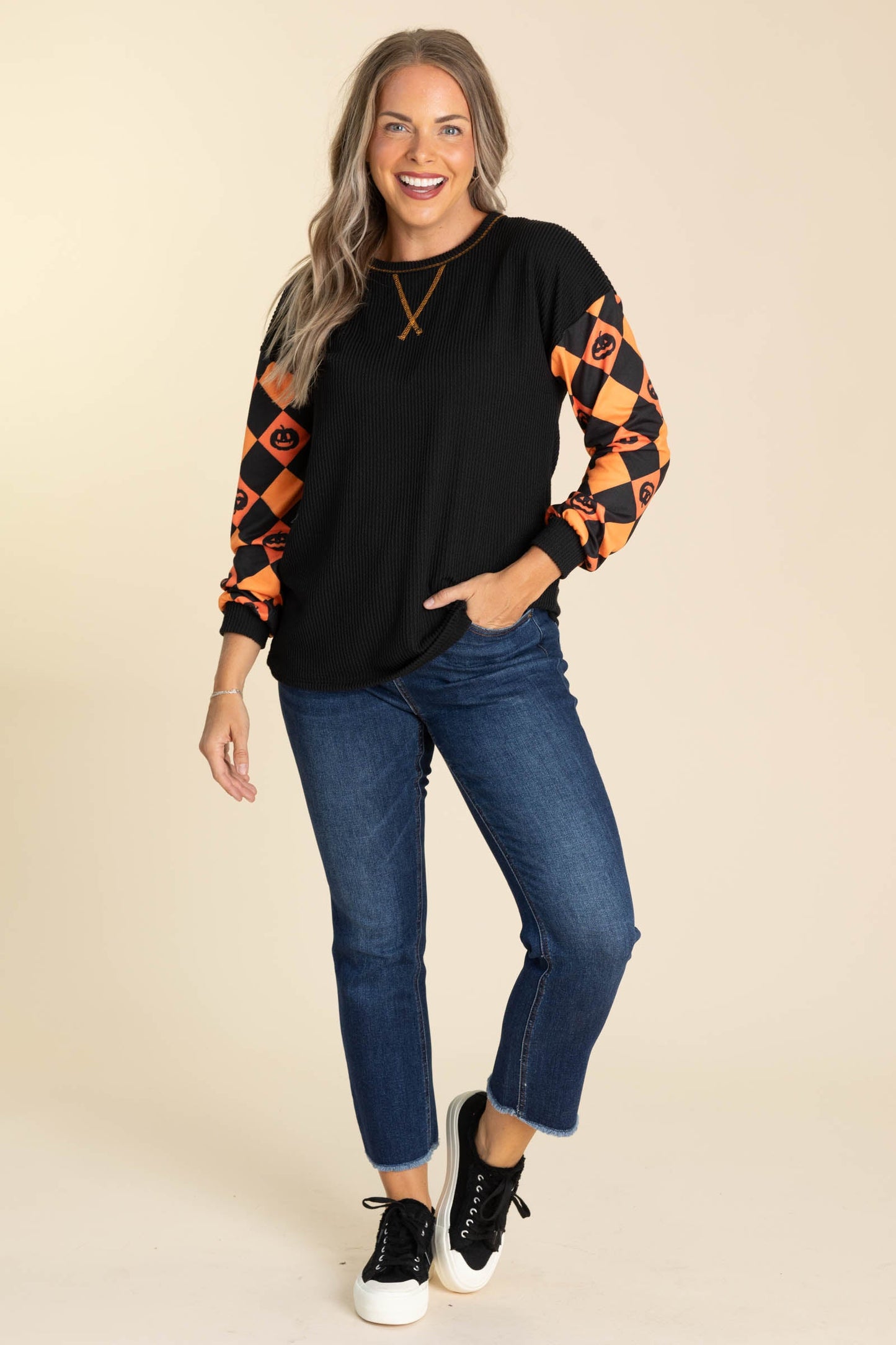 Black Ribbed Top With Orange Pumpkin Sleeves