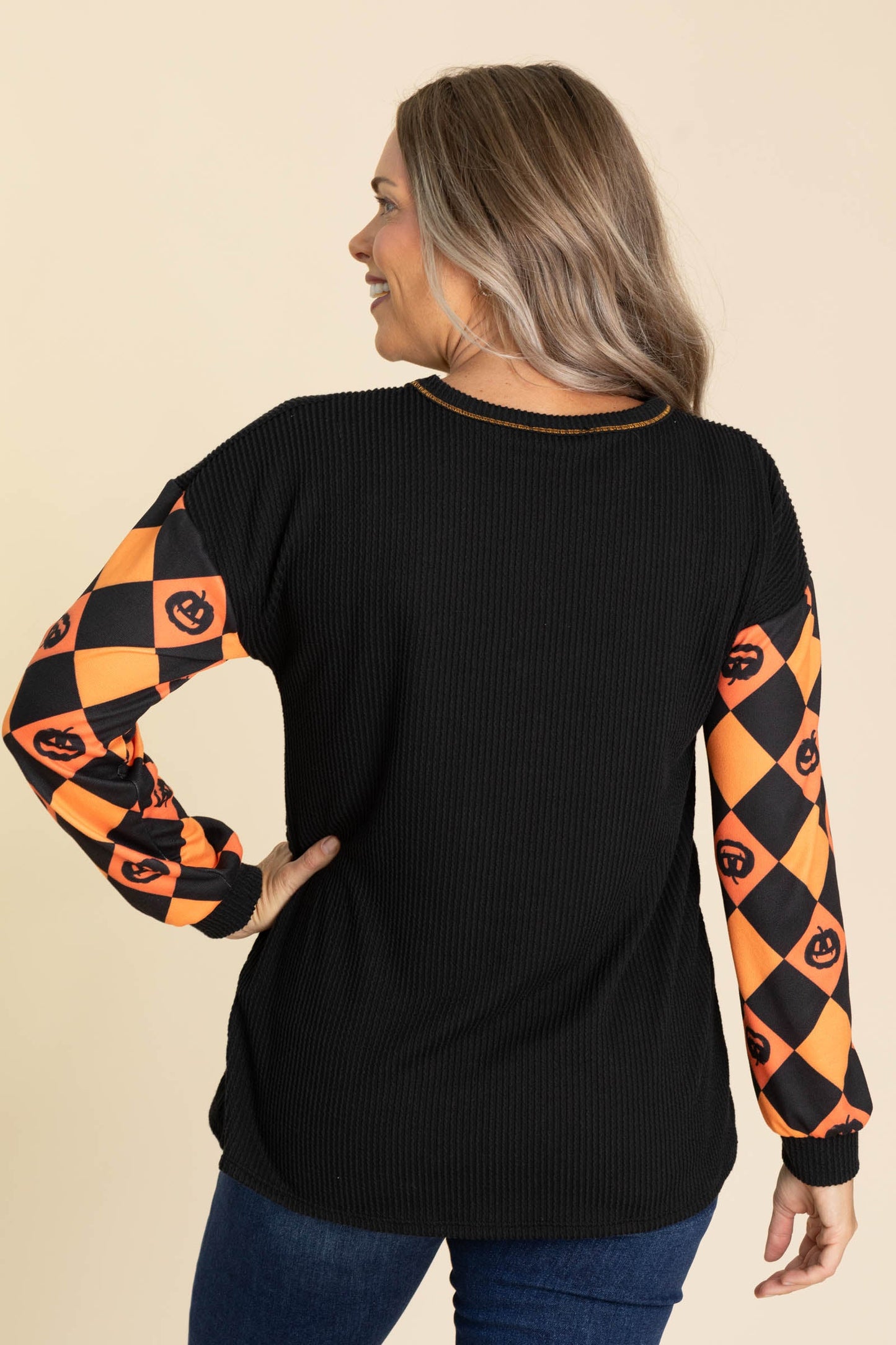 Black Ribbed Top With Orange Pumpkin Sleeves
