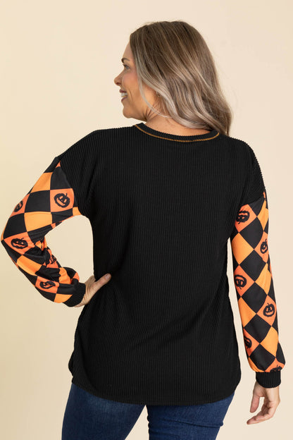 Black Ribbed Top With Orange Pumpkin Sleeves