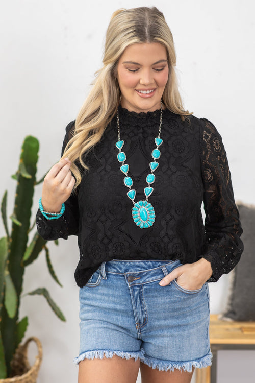 Black Lace Mock Neck Woven Top