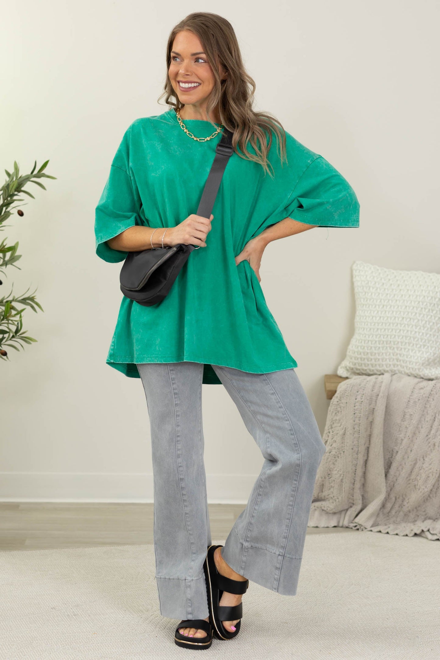 Acid Wash Cotton Drop Shoulder Boxy Knit Tee- 100% Cotton