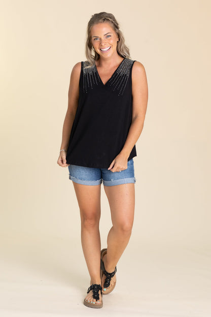 Black V-Neck Line Rhinestone Detail Knit Tank