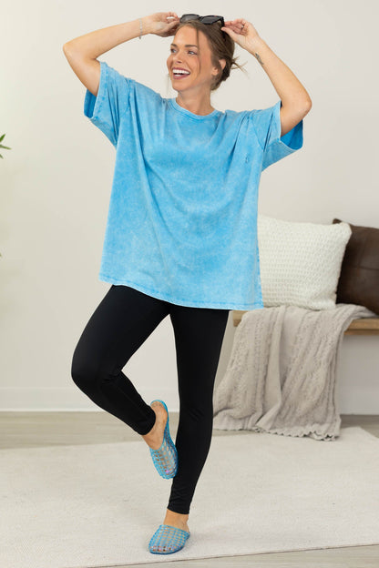 Acid Wash Cotton Drop Shoulder Boxy Knit Tee- 100% Cotton
