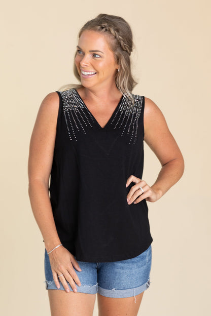 Black V-Neck Line Rhinestone Detail Knit Tank