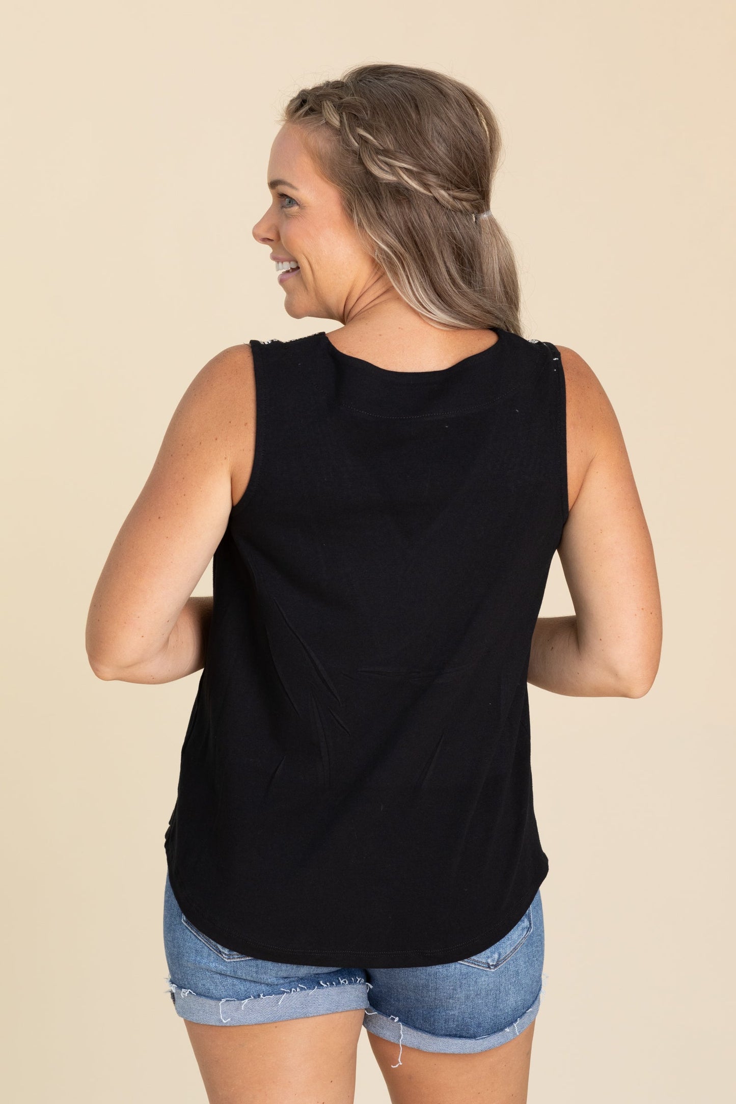 Black V-Neck Line Rhinestone Detail Knit Tank
