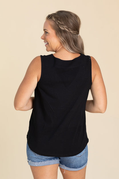 Black V-Neck Line Rhinestone Detail Knit Tank