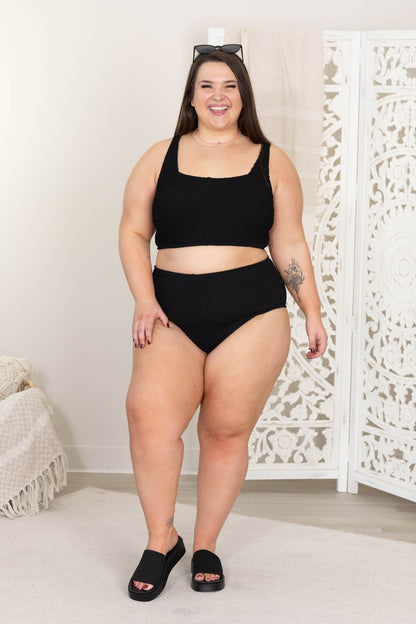 Black Ribbed Square Neck Two Piece Swimsuit