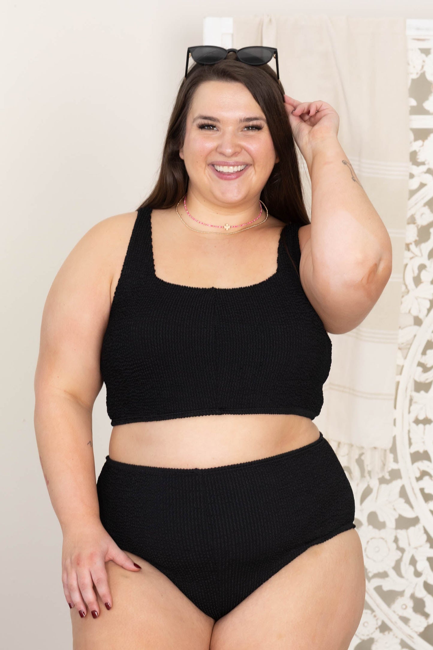 Black Ribbed Square Neck Two Piece Swimsuit