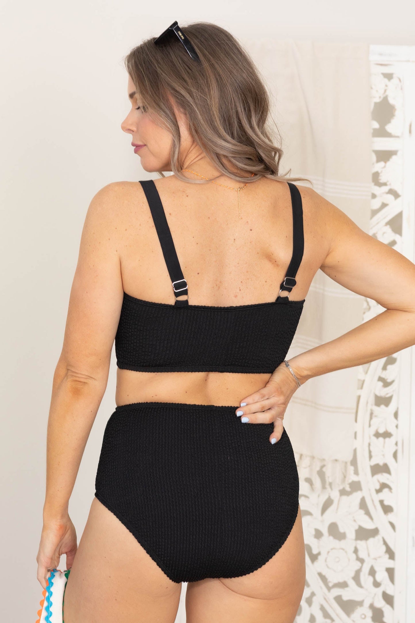 Black Ribbed Square Neck Two Piece Swimsuit