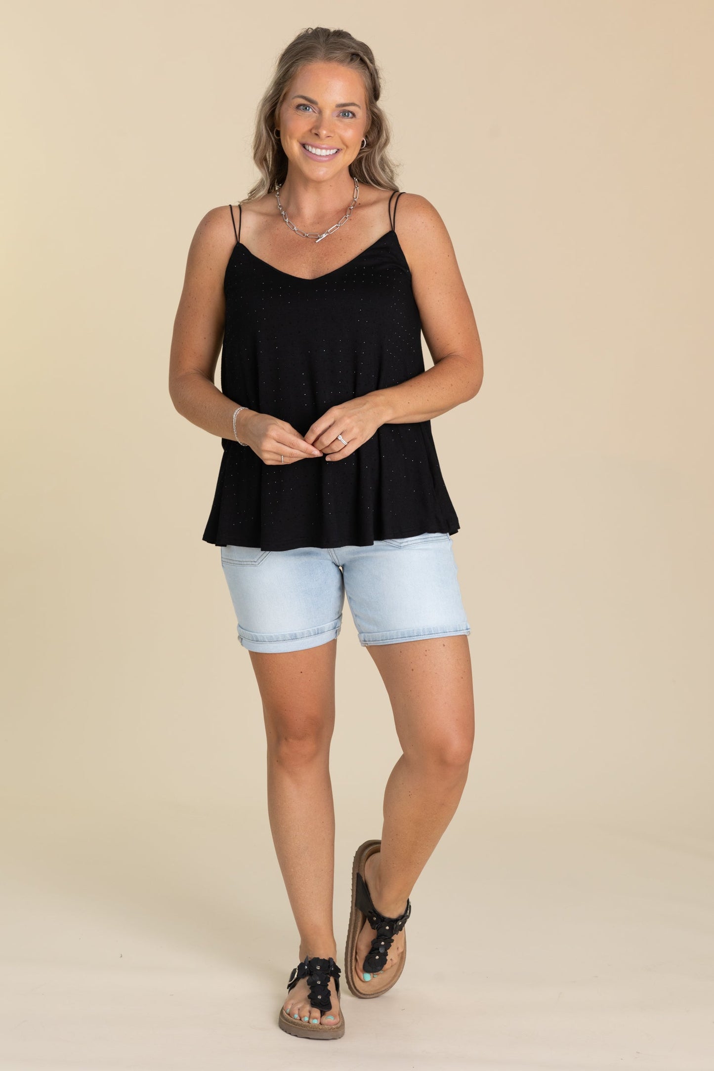 Black V-Neck Rhinestone Embellished Knit Tank