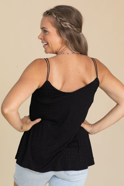 Black V-Neck Rhinestone Embellished Knit Tank
