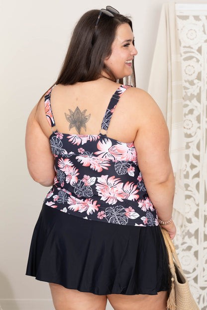 Black and Coral Floral Tankini and Skort Two Piece Swimsuit