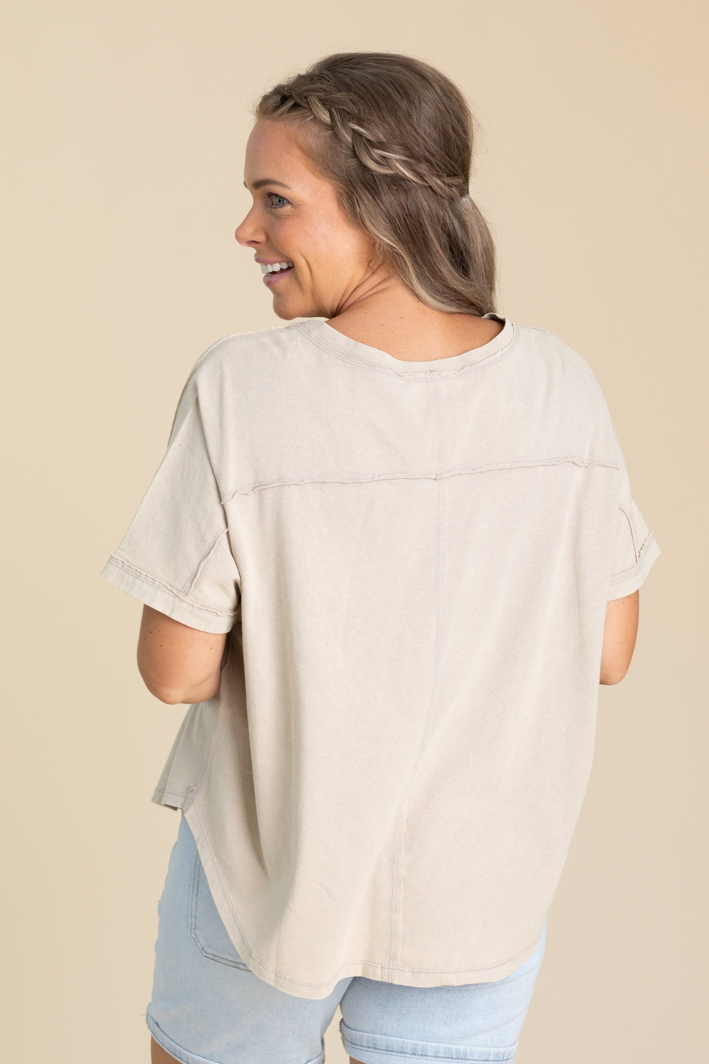 Beige Star Patch Mineral Washed Knit Top