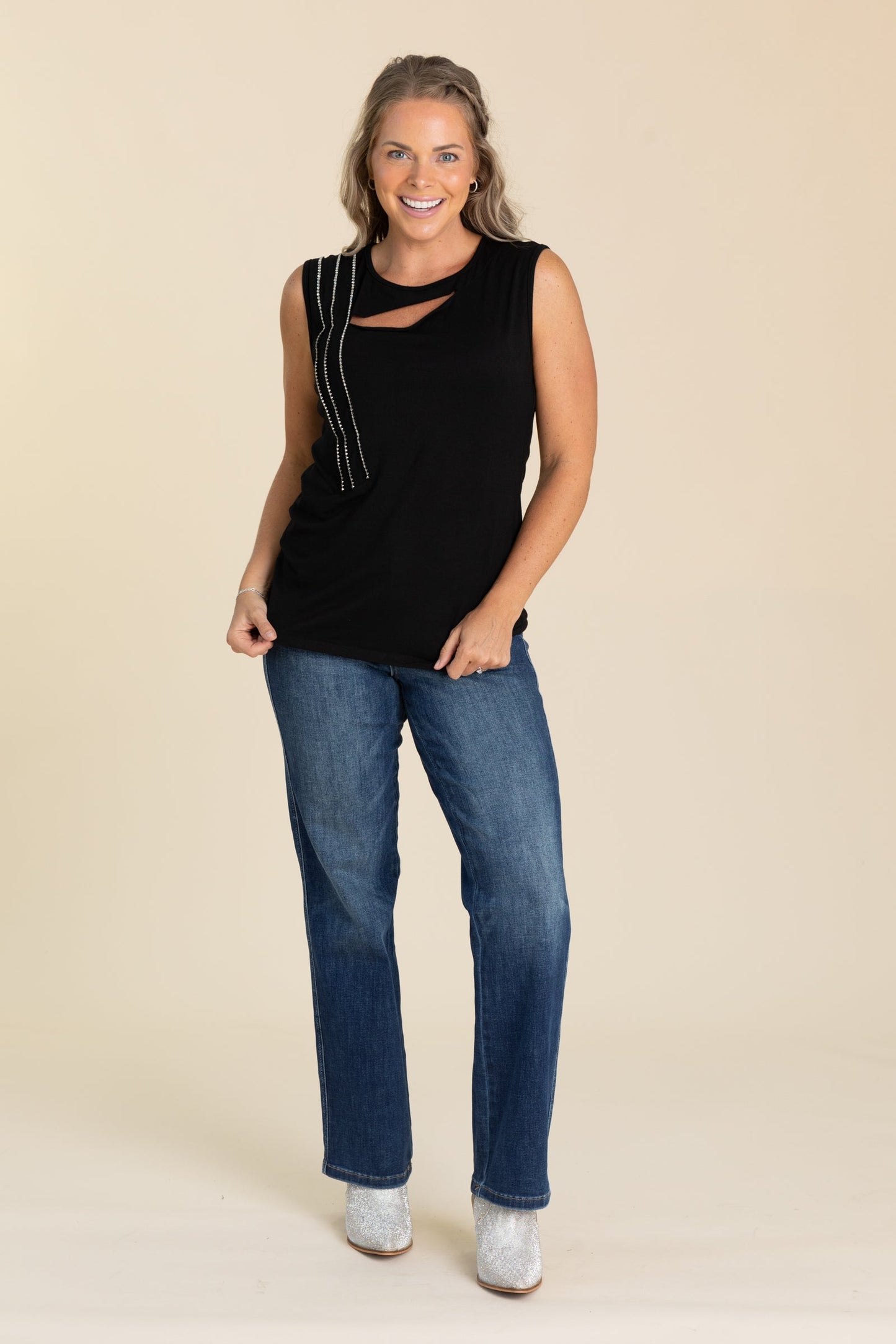 Black Cutout With Stone Trim Knit Top