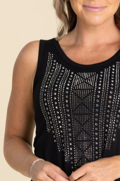 Black Knit Tank Top With Studded Design