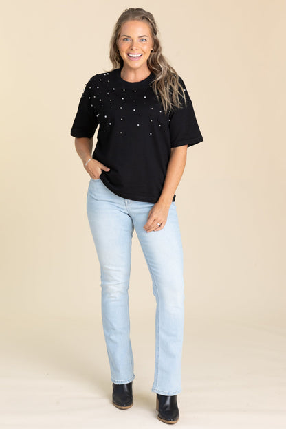 Black Crewneck Knit Top With Pearls