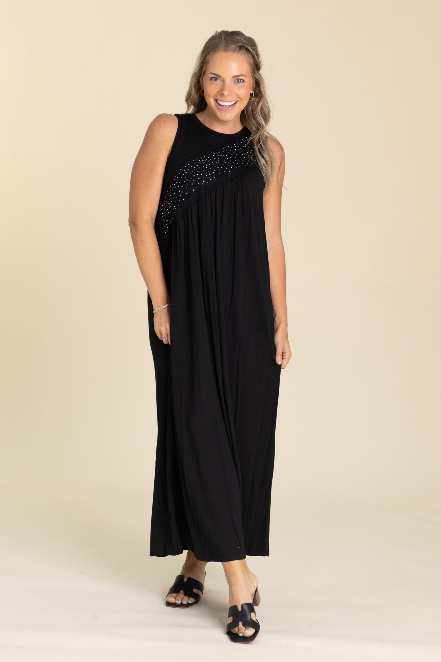Black Knit Maxi Dress With Stones