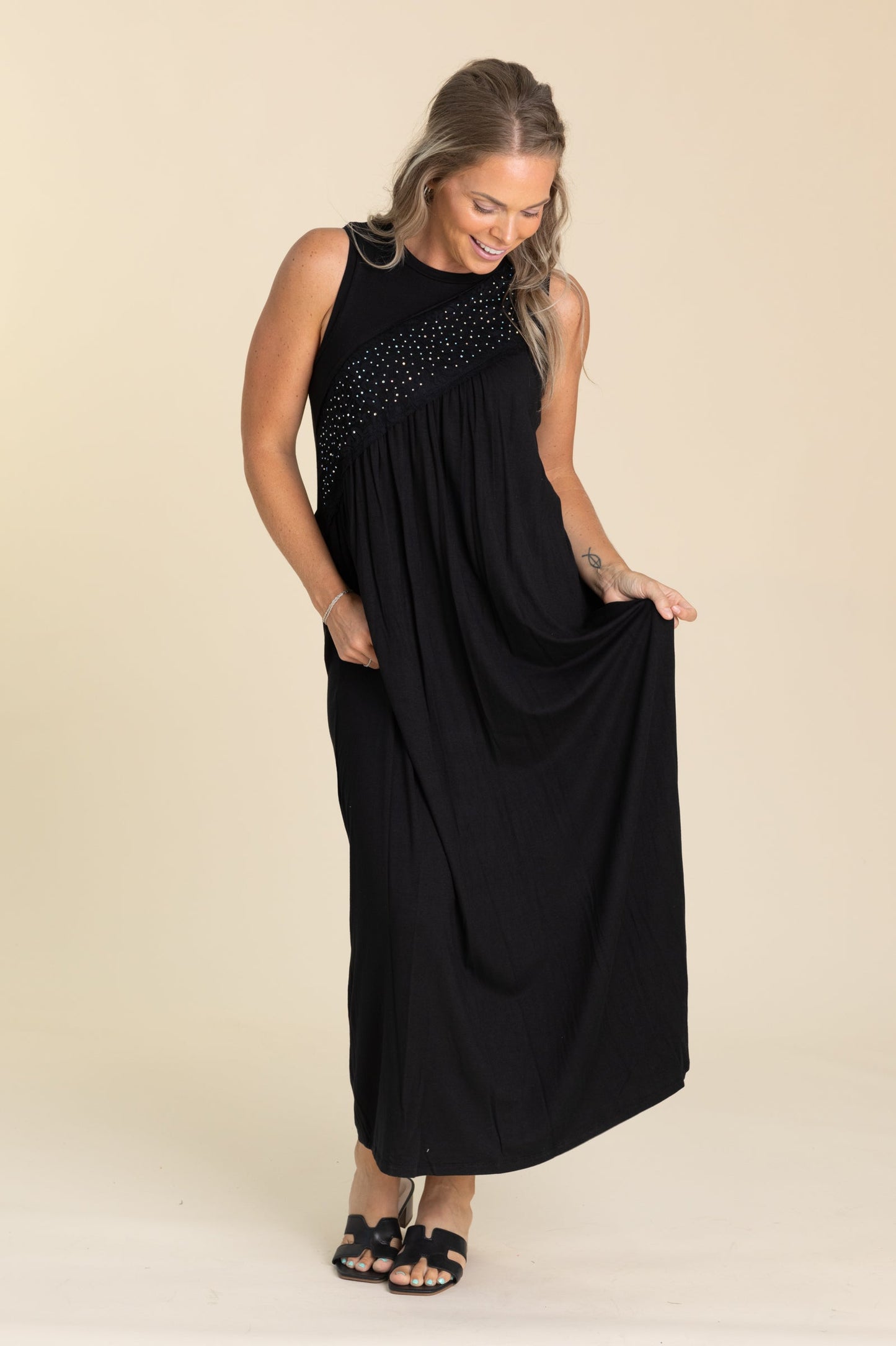 Black Knit Maxi Dress With Stones