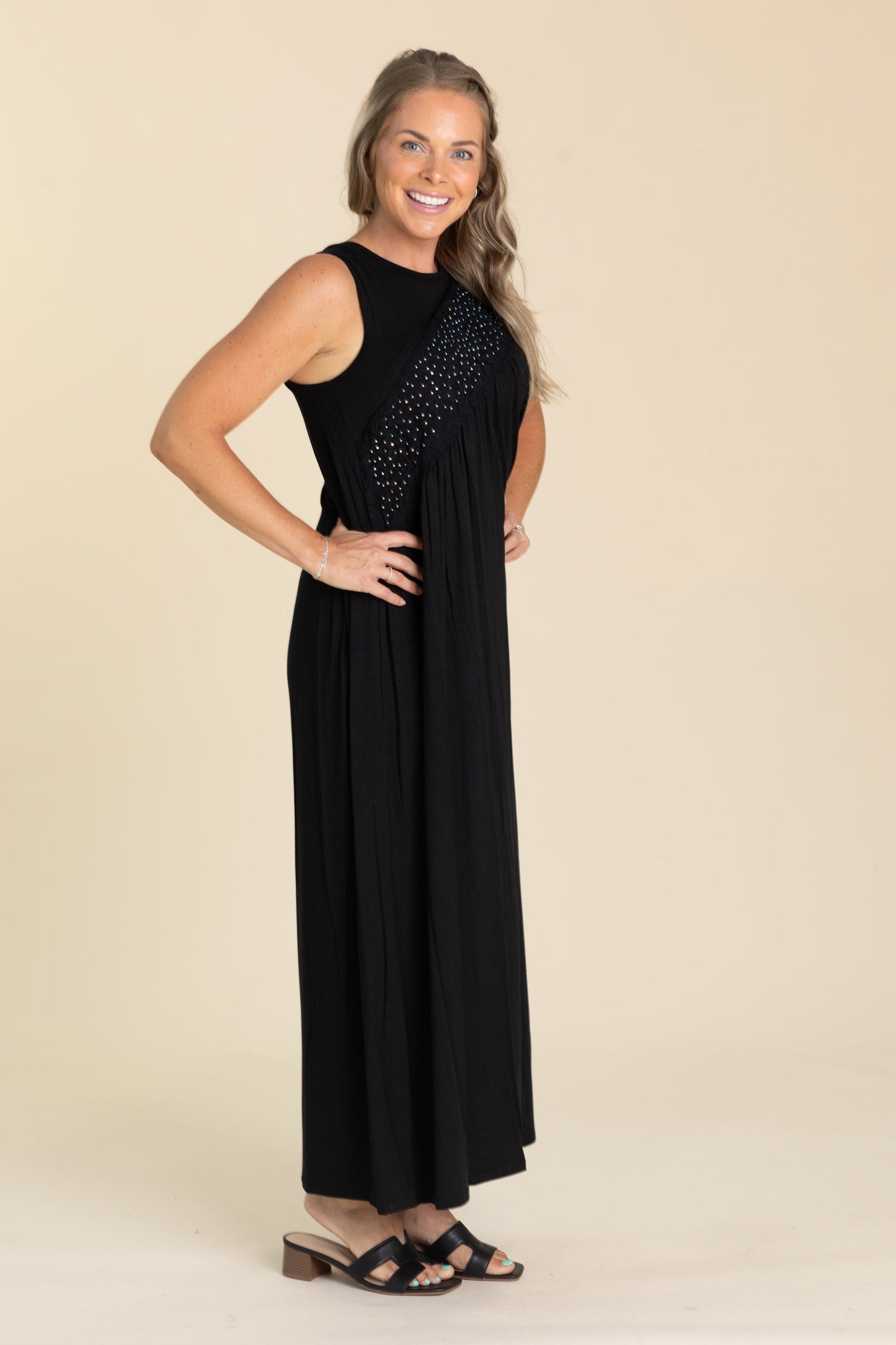 Black Knit Maxi Dress With Stones