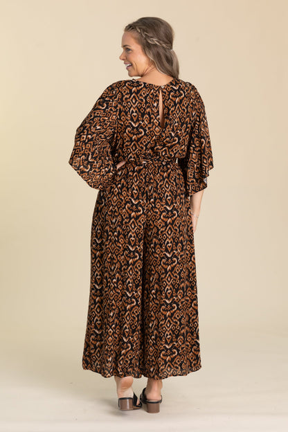 Black And Cinnamon Printed Jumpsuit With Belt