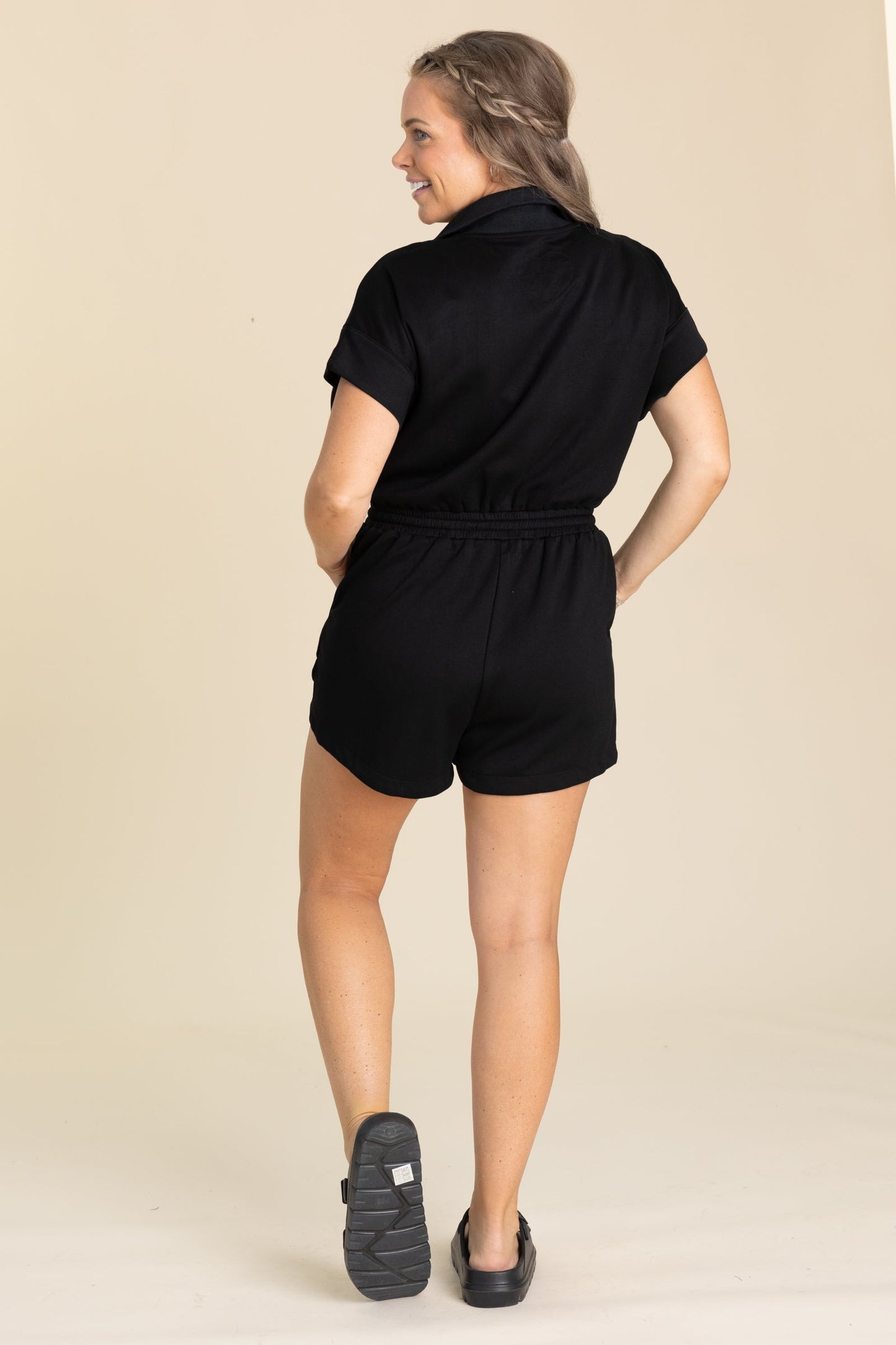 Black Luxknit Half Zip Tie Romper