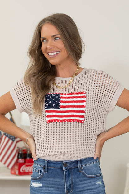 American Flag Short Sleeve Open Stitch Sweater Top