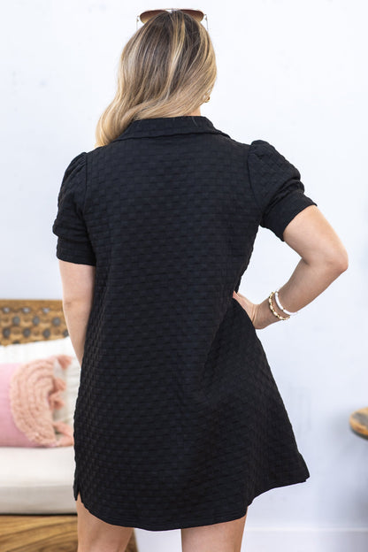 Black Textured Puff Short Sleeve Dress