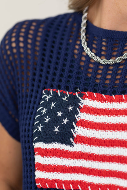 American Flag Short Sleeve Open Stitch Sweater Top