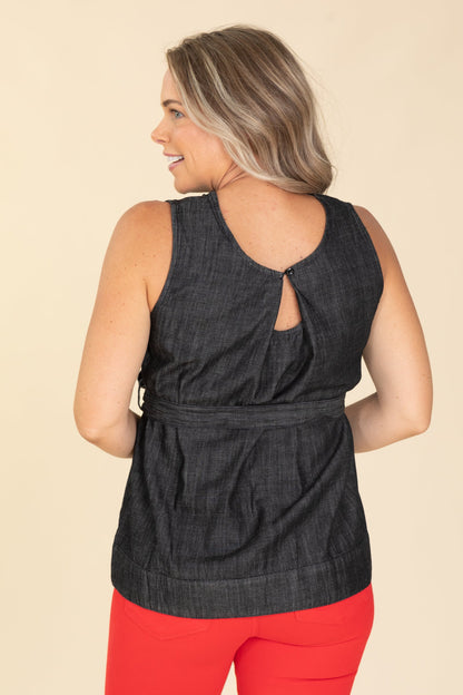 Black Denim Top With Belt Tie Waist