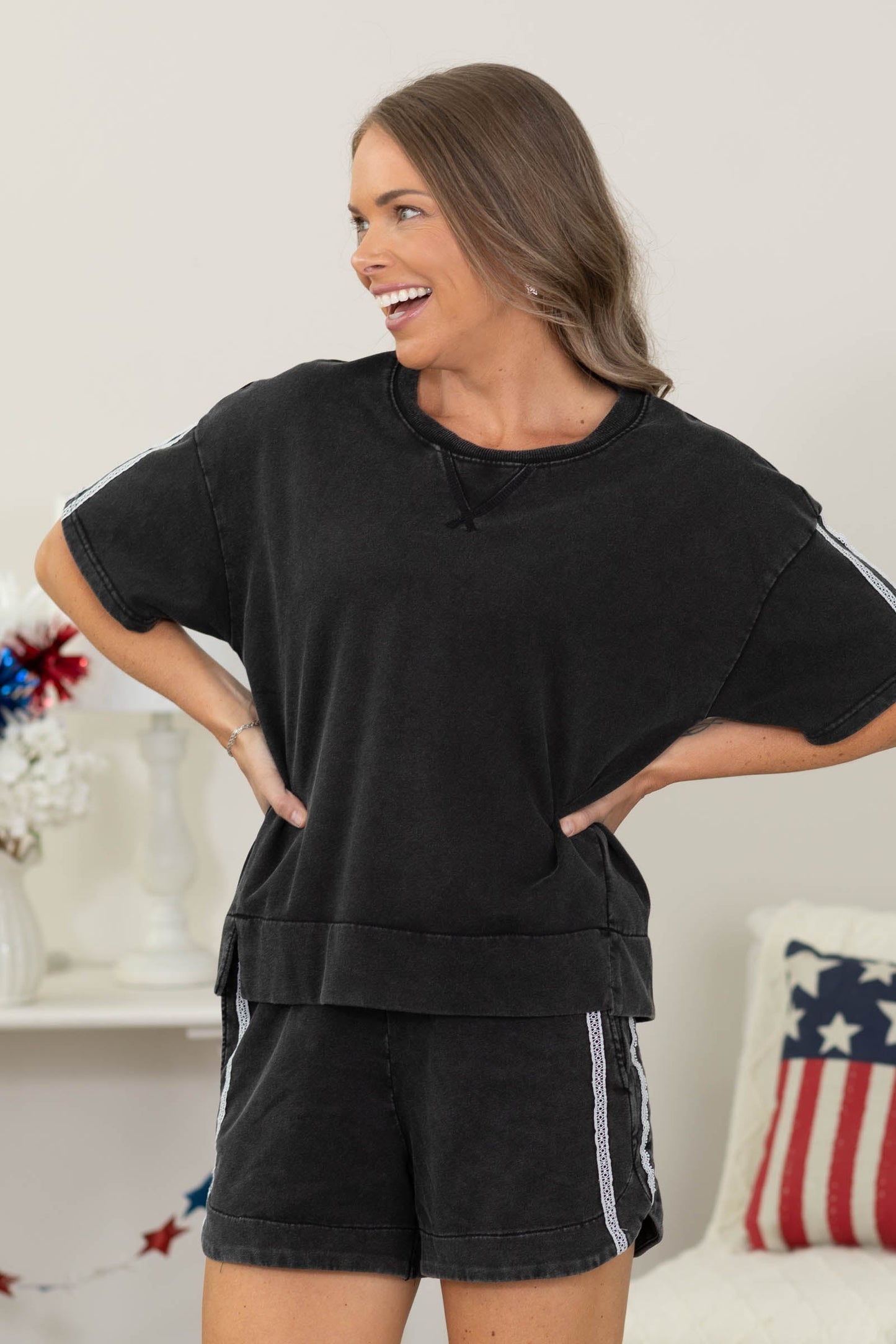 Black Lace Accent Washed Top & Shorts Set
