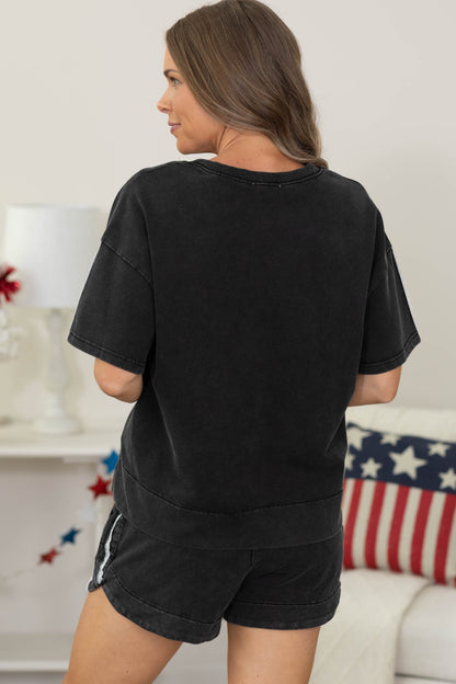 Black Lace Accent Washed Top & Shorts Set