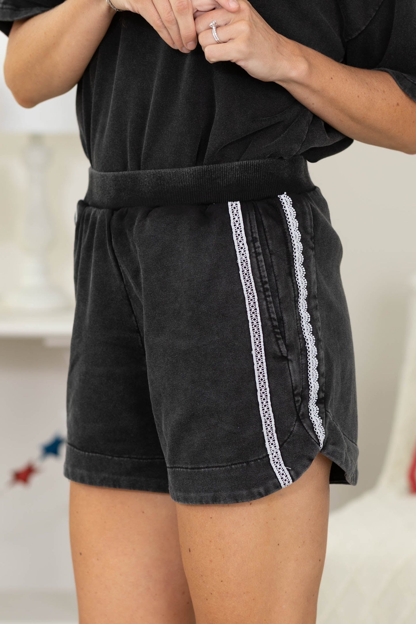Black Lace Accent Washed Top & Shorts Set